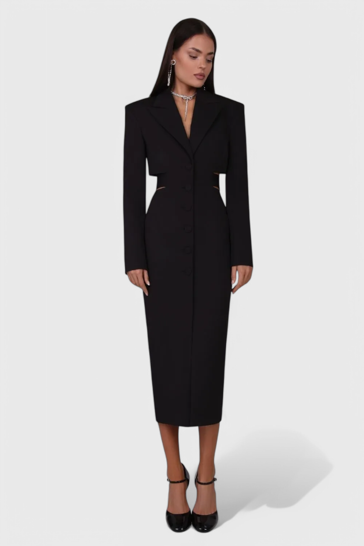Midi Blazer Šaty Bernice s Výstrihom a Otvoreným Chrbtom