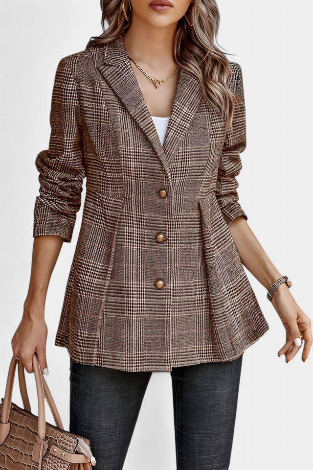 Károvaný Peplum Blazer Calico so Špicatým Límcom