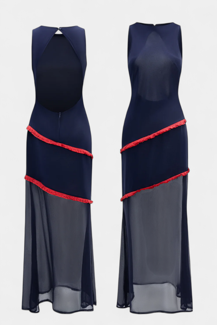 Midi Bodycon šaty Orfila s kontrastným šifónom a strapcami