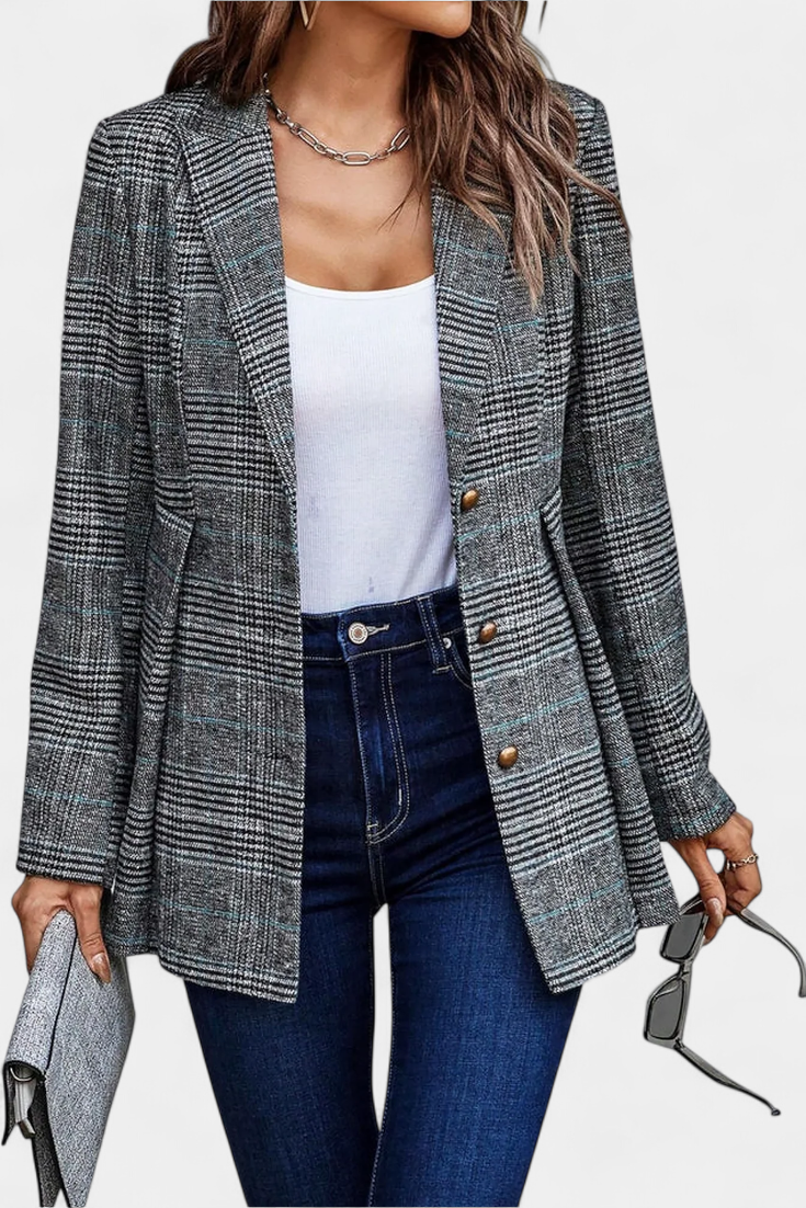 Károvaný Peplum Blazer Calico so Špicatým Límcom