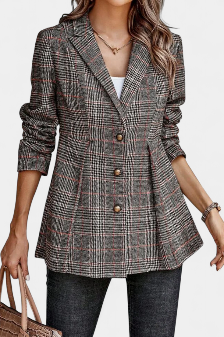Károvaný Peplum Blazer Calico so Špicatým Límcom