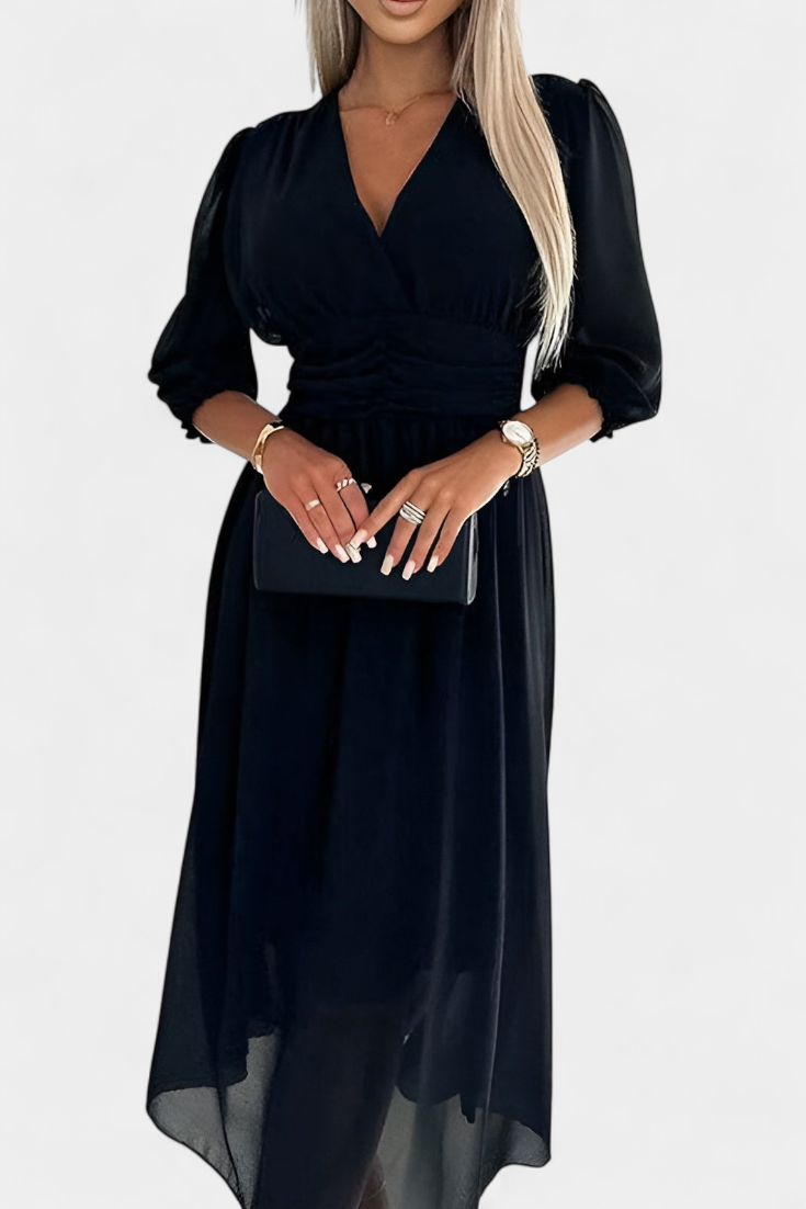 Elegantné Midi Šaty Dorina s Výstrihom do V a Ľahkými Rukávmi