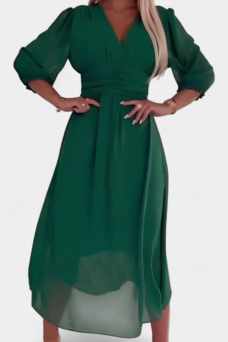 Elegantné Midi Šaty Dorina s Výstrihom do V a Ľahkými Rukávmi